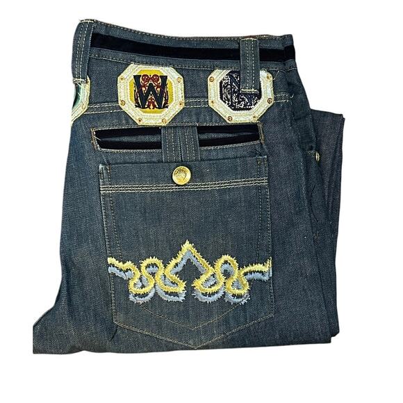 Y2K Crown Holder Jeans Authentic Embroidered 36X33 Men's Baggy Wide Leg Hip Hop - Picture 1 of 11